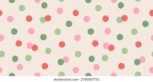 Christmas confetti vector seamless pattern. Colorful pastel confetti trendy background. Polka dots print in pink, green, red colors on Xmas, birthday, party. Holiday wrapping paper.