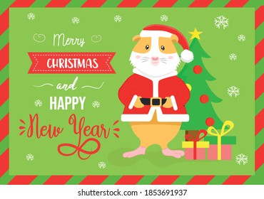 Christmas congratulation  card with a cartoon guinea pig dressed as santa claus ,christmas tree and gifts.