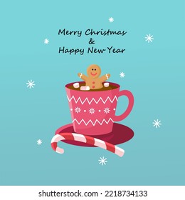 Christmas congratulation card. Gingerbread man cookie relaxing in hot chocolate cup with marshmallows on Christmas morning. Modern cute cartoon greeting card vector illustration