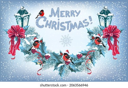 Christmas congratulation card with spruce garland with vintage lanterns, bullfinch birds and inscription "Merry Christmas"