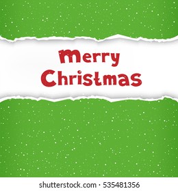 Christmas congratulation torn green paper and frame with the message of Christmas greetings on white background