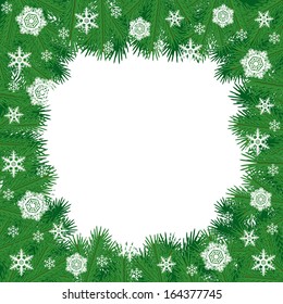 Christmas congratulations border with fir branches and snowflakes