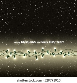 Christmas congratulations. Lamp light on dark snow background. Multicolor bulb and wire silhouette. Celebration Holiday garland