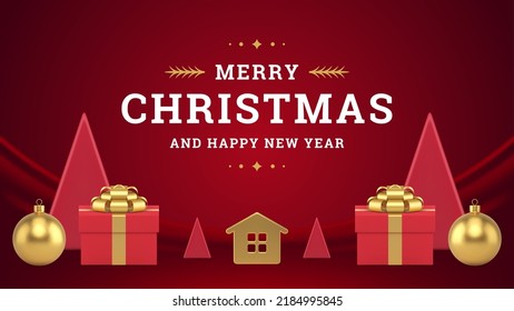 Christmas congratulations red fashion banner template with golden spruce toy and gift boxes 3d icon vector illustration. Merry Xmas realistic geometric triangle pyramid festive decorative poster