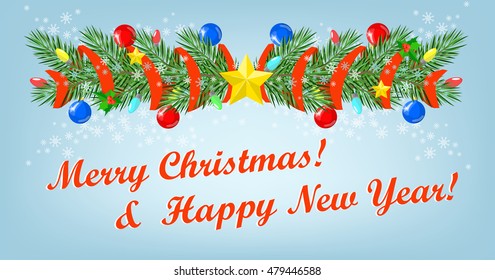 Christmas congratulatory background, title, branch of spruce with decorations , Happy New Year , Merry Christmas