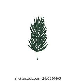 Christmas Coniferous Branch on a White Background in Flat Style. Straight Fluffy Pine Branch. Decorative Botanical Element. Vector