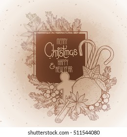 Christmas coniferous design with holiday treats. Vector design elements isolated on the vintage background in ocher colors.