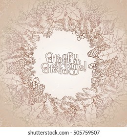 Christmas coniferous design with holly. Vector design elements isolated on the vintage background in ocher colors.
