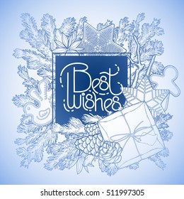 Christmas coniferous design present box, cones and gingerbread. Vector holiday card. 