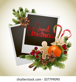 Christmas coniferous design with sweets and photo paper. Vector holiday card