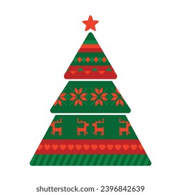 Christmas coniferous tree with Norwegian national holiday pattern in red and green colors. Coniferous Tree in handmade knitted ornate style. Simple flat vector isolated on white background
