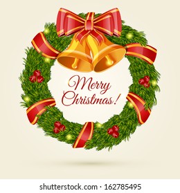 Christmas coniferous wreath with ribbon, bells and congratulatory inscription. Vector illustration.