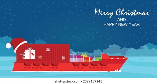 Christmas container cargo ship with gift. Present boxes logistic sea ocean transportation.concept christmas new year, winter holidays celebration greeting vector illustration.