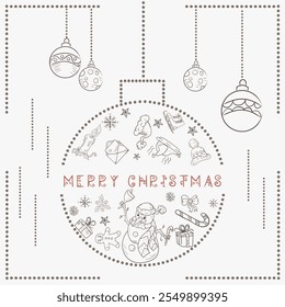 Christmas contour illustration in the style of childrens doodles, Christmas design elements in a Christmas ball, a Snowman with a bell