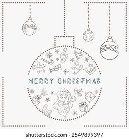 Christmas contour illustration in the style of childrens doodles, Christmas design elements in a Christmas ball, Santa Claus head