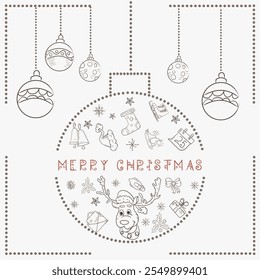 Christmas contour illustration in the style of childrens doodles, Christmas design elements in a Christmas ball, a deer in a Santa hat