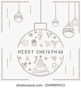 Christmas contour illustration in the style of childrens doodles, Christmas design elements in a Christmas ball, festive fir tree