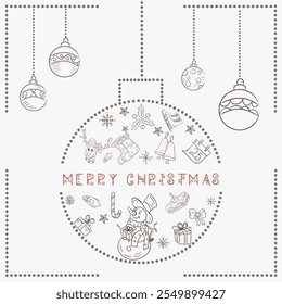 Christmas contour illustration in the style of childrens doodles, Christmas design elements in a Christmas ball, a snowman holding a gift