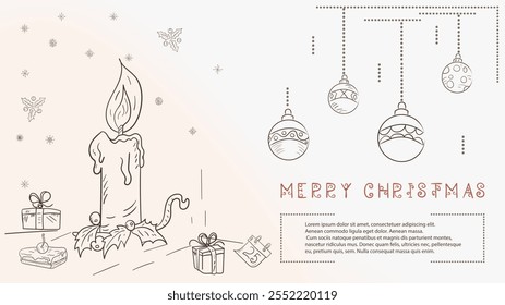 Christmas contour illustration in the style of childrens doodles with the text of Lorem Ipsum, a Christmas candle and a number of gifts