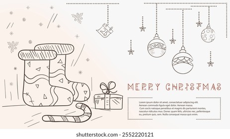 Christmas contour illustration in the style of childrens doodles with the text Lorem Ipsum, Knitted warm socks with candy