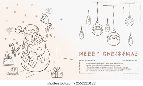 Christmas contour illustration in the style of childrens doodles with the text Lorem Ipsum, The Snowman rings the Christmas bell