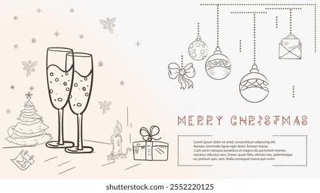 Christmas contour illustration in the style of childrens doodles with the text Lorem Ipsum, a glass with a drink