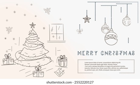 Christmas contour illustration in the style of childrens doodles with the text Lorem Ipsum, a festive fir tree and a number of gifts