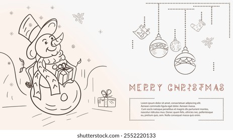 Christmas contour illustration in the style of childrens doodles with the text Lorem Ipsum, a snowman in a top hat