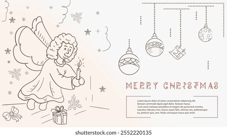 Christmas contour illustration in the style of childrens doodles with the text Lorem Ipsum, a Christmas angel holding a candle