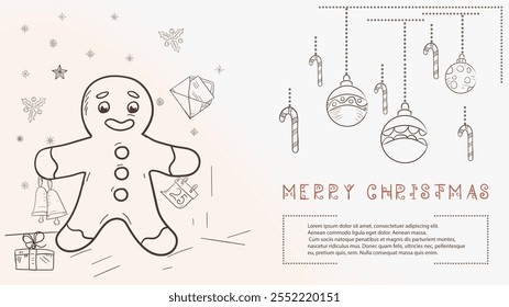 Christmas contour illustration in the style of childrens doodles with the text Lorem Ipsum, Gingerbread man