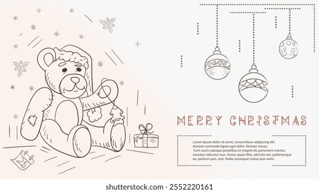 Christmas contour illustration in the style of childrens doodles with the text of Lorem Ipsum, a bear toy in a Santa hat