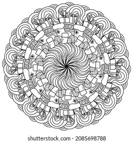 Christmas contour mandala, holiday coloring page with milk, cookies and Xmas attributes vector illustration