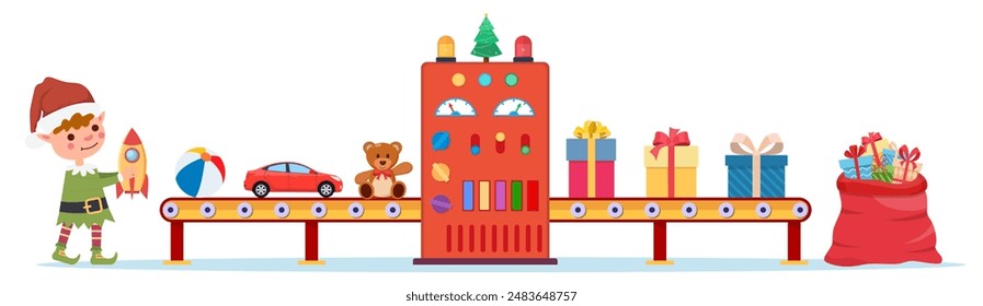 Christmas conveyor with elves pack gifts and put them in bag of Santa Claus. factory for the production of gifts. Happy New Year Decoration. Merry Christmas Holiday. Vector illustration in flat style