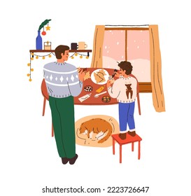 Christmas cook at home. Family cooking, baking gingerbread, ginger cookies at kitchen. Father and sin during winter holiday preparations. Flat vector illustration isolated on white background.