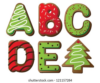 Cookie de Navidad Alfabeto A a E Vector EPS 8, aislado en blanco, sin formas abiertas o caminos.