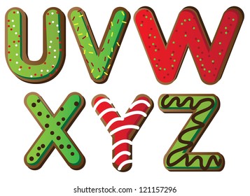 Christmas Cookie Alphabet U through Z Vector EPS 8, isolated on white, no open shapes or paths.