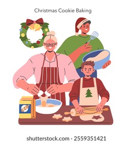 Christmas Cookie Baking concept. A heartwarming scene of a family preparing holiday treats together. Cozy home cooking, festive spirit and traditions. Vector illustration.