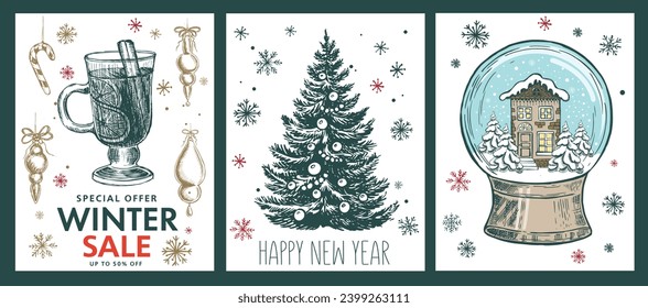 Cookie de Navidad y juego de bolas, calendario anticipado, estampillas, ilustración dibujada a mano