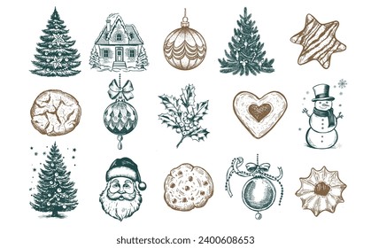 Christmas Cookie and ball set, Hand drawn illustration.