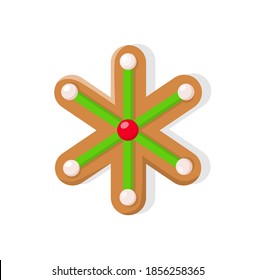 Christmas cookie of bright green snowflake with white and red points. Winter holiday gingerbread, traditional shape of baking icon vector isolated