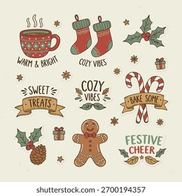 Christmas cookie collection with gingerbread, candy, and sweets, cute holiday illustration.