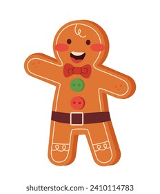 Christmas cookie concept. Homemade pastry and bakery. Gingerbread man. Dessert and delicacy for winter holidays. Social media sticker. Cartoon flat vector illustration isolated on white background