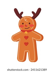 Christmas cookie concept. Homemade pastry and bakery. Gingerbread man with horns. Dessert for winter holidays. Template and layout. Cartoon flat vector illustration isolated on white background