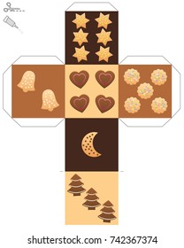 Christmas cookie dice template of a cube with cookies and gingerbread instead of dice eyes - isolated vector illustration over white.