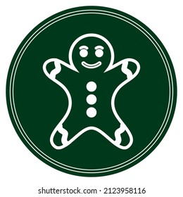 christmas cookie doll icon image in white lines with circular shape and green background.