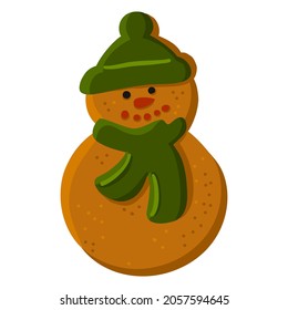 Christmas cookie funny snowman, Happy New Year cake, cute illustration isolated on white background. Vector art