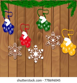 Christmas cookie garland on a wooden background