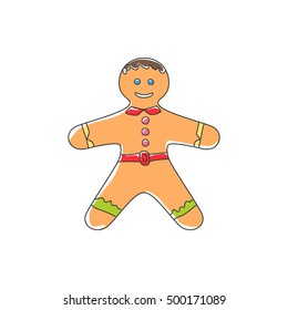 Christmas Cookie Gingerbread Man Decorated White Icing and Cream Isolated on White Background , Happy New Year Festive Biscuit Man, Christmas Decoration,  Vector Illustration 