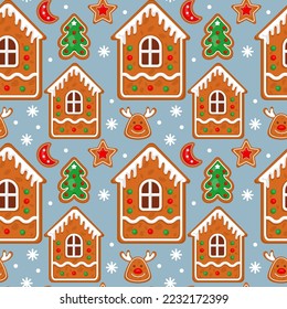 Christmas cookie house, village pattern. Cute snowy home, sweet noel ornament, decorative winter city. Decor textile, xmas holidays wrapping paper. Vector seamless tidy illustration