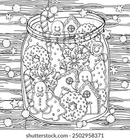 Christmas Cookie Jar Coloring Page with Gingerbread and Candy – Festive Black and White Holiday Illustration. Zentangle patterns.